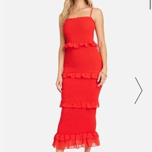NWT Bebe Georgette Smocked Red Dress Tiered Midi XS